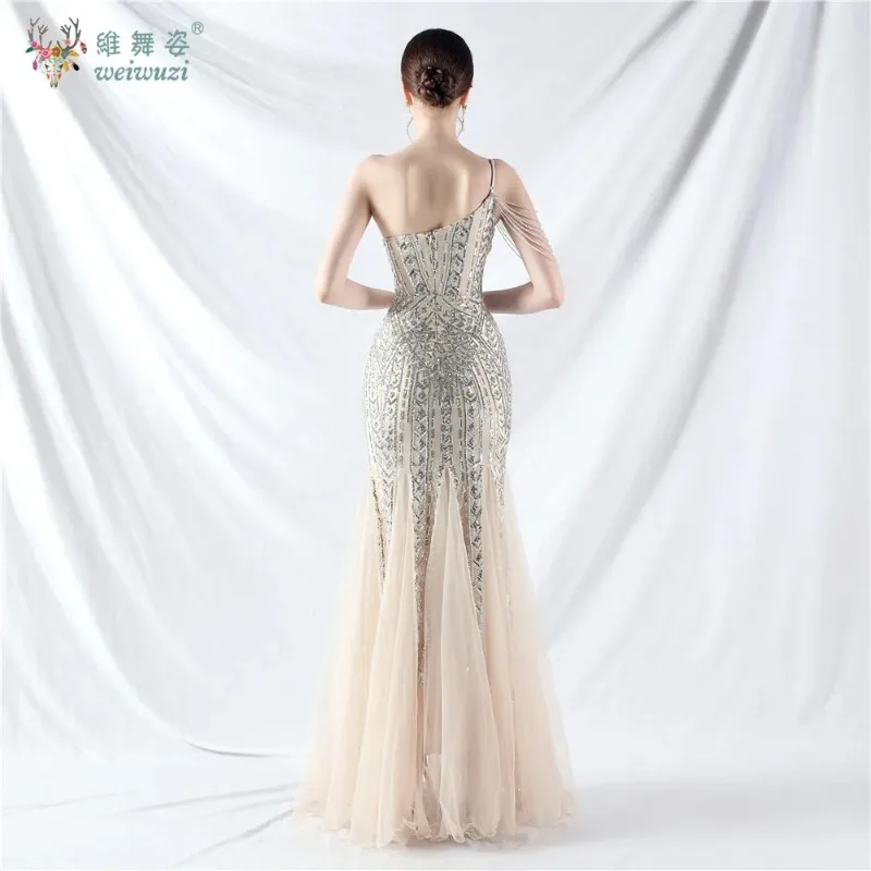 Vestido largo de cola de pez con lentejuelas y un hombro, vestido de noche de encaje ajustado con patrón de cuerdas y cuentas de cristal, vestido Formal con parte inferior de tul