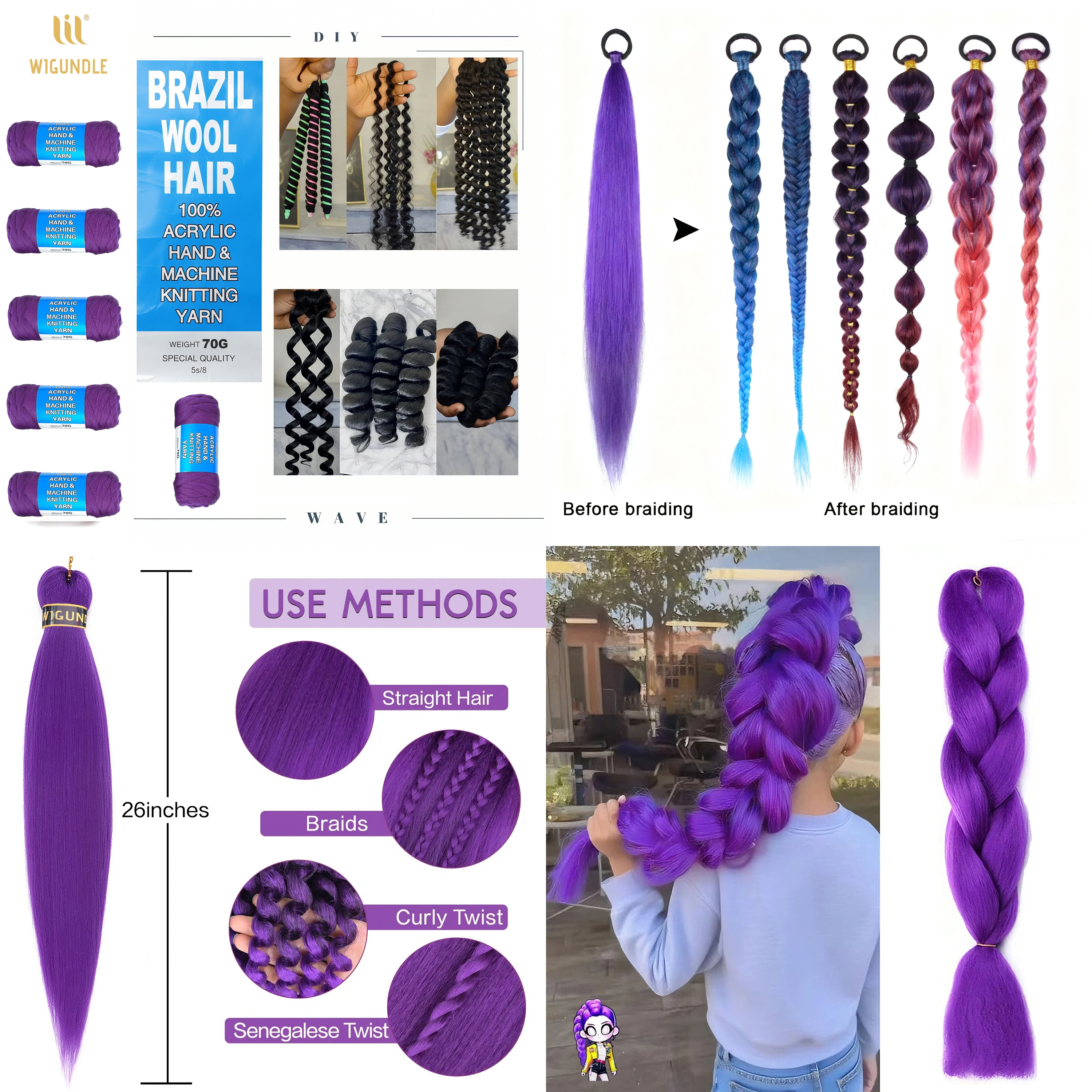 Rumi Synthetic Braids Purple Hair Ponytail Costume Hairstyle 26inch Long Ponytail with Clips for Kids Girls Halloween Christmas image 4