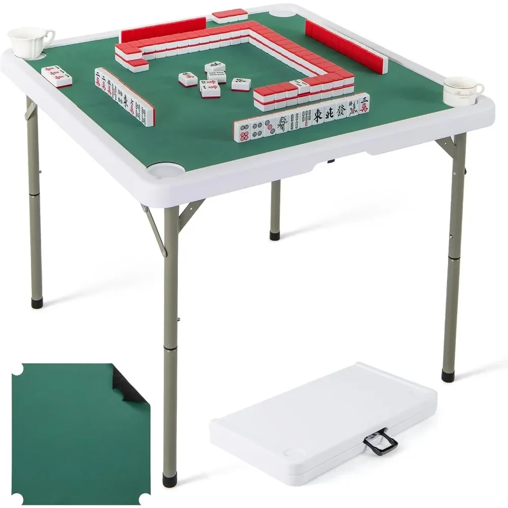 

Mahjong Table, 35" Square Folding Card Table w/4Cup Holders, Anti Slip Mat, HDPE Tabletop, Metal Legs, Portable