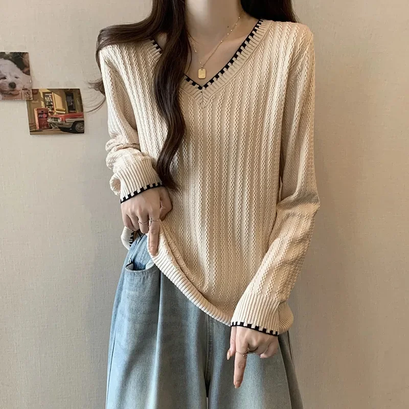 

V-neck Contrast Color Sweater Women's Autumn Winter Loose Long Sleeved Korean Fashion Bottoming Shirt Knitting Ladies Pullover