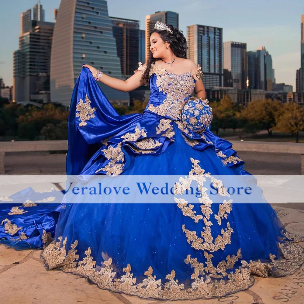 Royal Blue Jurken Off Shoulder Applique Mexicaanse Meisjes Verjaardag Prom Wear Vestidos De 15 Años