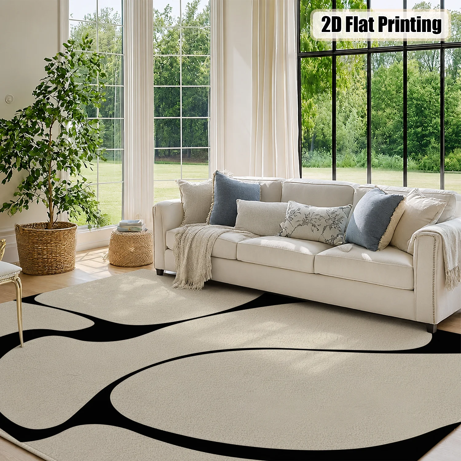 Large Indoor Area Rug, Soft Velvet Low Pile Non-slip Dotted Backing, Machine Washable Modern Abstract Black Beige Organic Pattern, Ideal for Living Room and Bedroom Home Decor - view 3