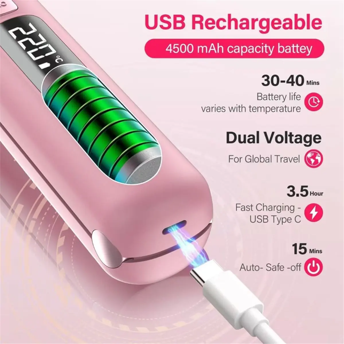 《TOP RATED》Cordless Hair Straightener and Curler 2 in 1, USB Rechargeable with 4500mAh Battery, 10s Fast Heating, Pink