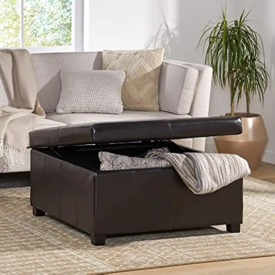 Knight Home Living Berkeley Brown Leather Square Storage Ottoman, Espresso