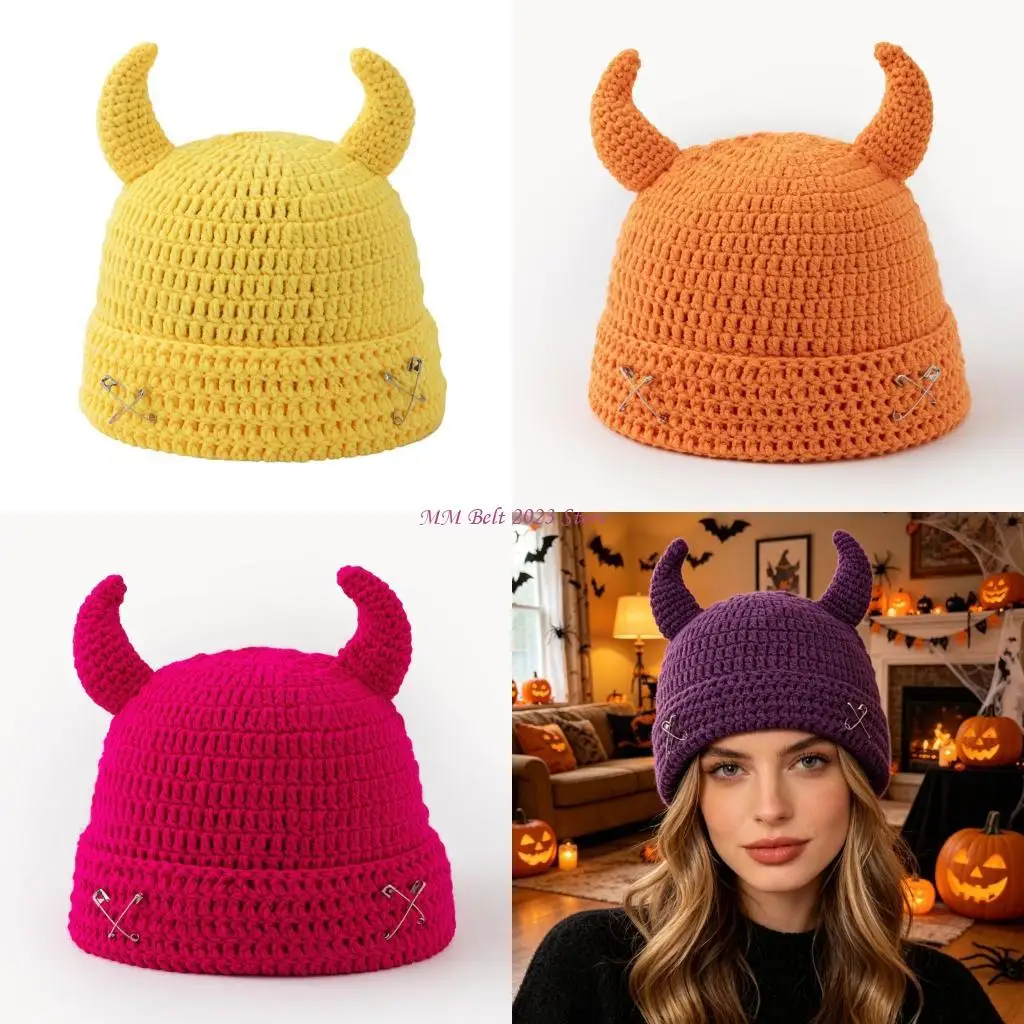 49ME Horned Crochet Cap for Teen Adult Outfits, Brimless Fall Hat with Front Pin Accent Winter Hat for Party Photo Outfit Wear