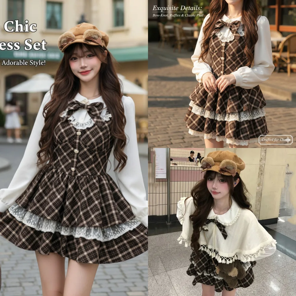 

Bow Lace Dresses Set Y2K Lolita Dresses Set Sweet Long Sleeved Short Skirt Fashionable Waist Cinching Slim Dark A-line Skirt New
