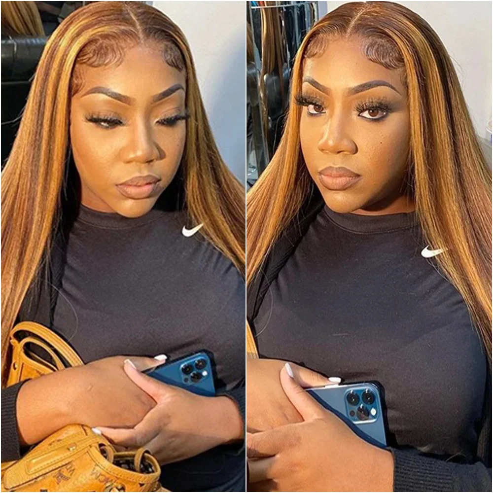 

13x6 Выделите Прямой HD Парик Фронта Шнурка Человеческих Волос 13x4 Кружева Человеческих Волос Предварительно Сорванные Бразильский Блондин P4/27 Цветные Фронтальные Парики