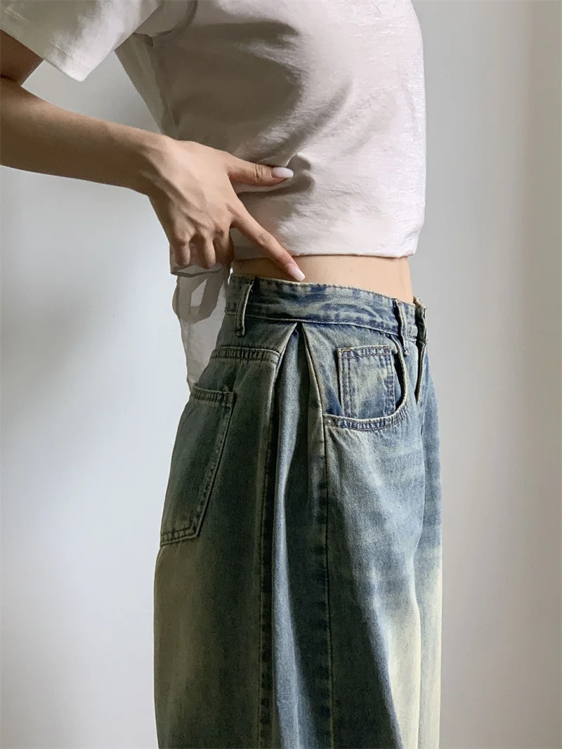 

Vintage Faded Denim Jeans Women Loose Lazy Style Pleated Wide Leg Meat Concealing Slimming Floor-Length Trousers Trendy