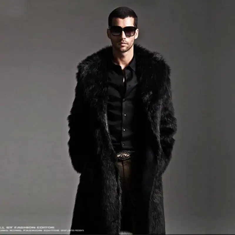 

2025 Black White Coat Man Winter Warm Faux Long Jacket Outerwears Outdoor Casual Fur Cardigan