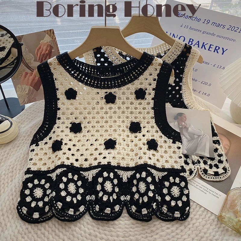 

Boring Honey Hollow Out Retro Knitted Tops Women Korean Style Be All-Match Contrast Color Chain Line Sleeveless Women's T Shirts