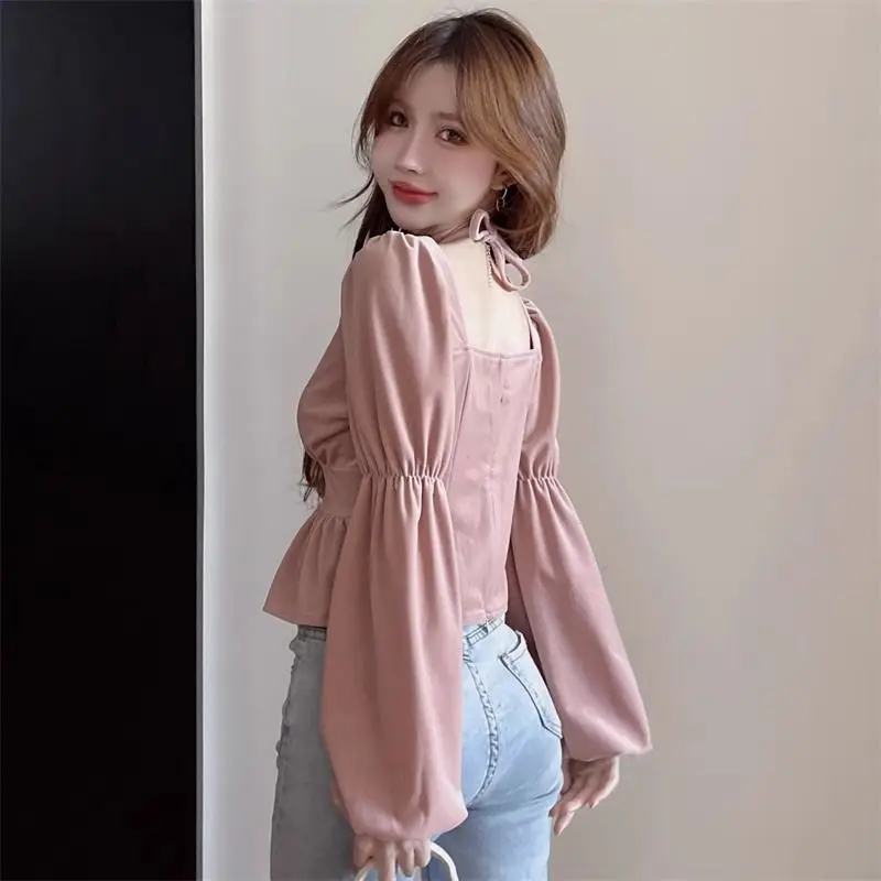 Velvet Blouses Women Crop Tops Vintage Bandage Elegant Slim Lantern Sleeve Streetwear Females All-match Pure Chic Blusas Clothes