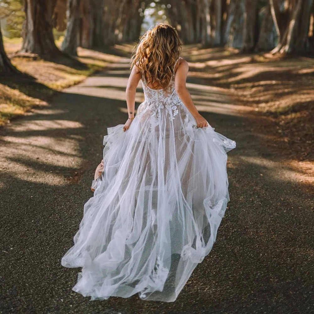 Abiti da sposa vintage senza spalline applicazioni in pizzo tulle abito da sposa a trapezio per la sposa Boho abiti da sposa