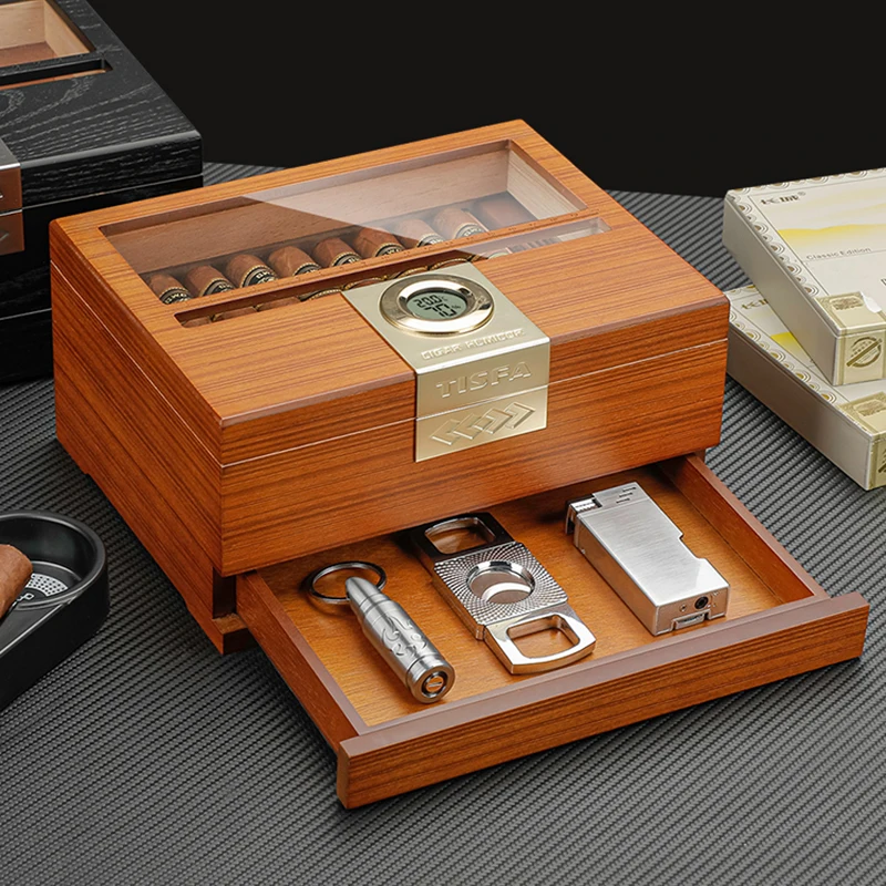 

2026 New Cigar Humidor Humidifier Made Of Cedar Wood, 50-Tube Large Capacity Men'S Cigar Humidor Set, Father'S Day Gift For Men