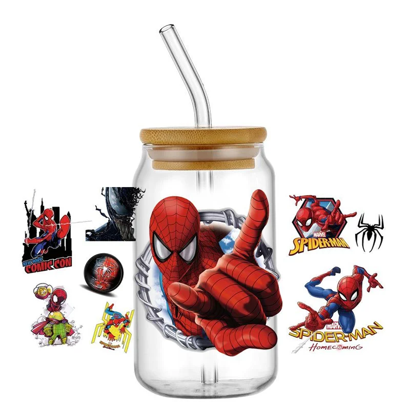 Miniso Spiderman 3D Wrap Transfer Sticker Superhero For 16oz Libbey Glass Design Cup Wraps Decal Waterproof Mug UV DTF Stickers