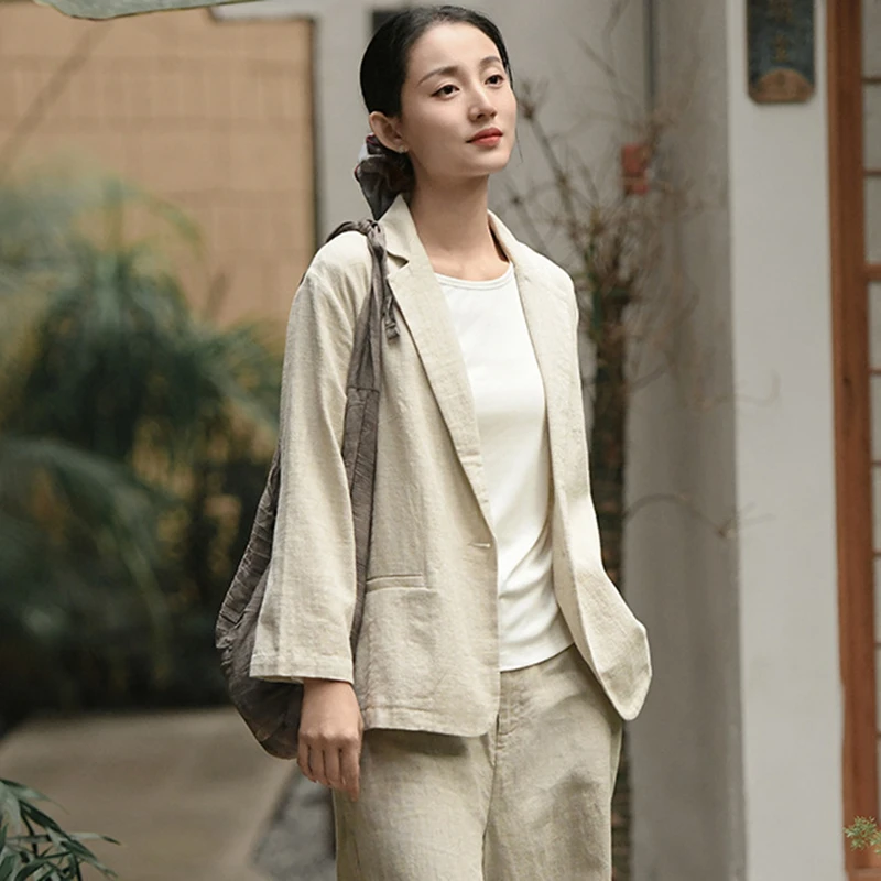 Women Cotton Linen Tailored Coats New Arrival 2026 Spring Simple Style Solid Color Suit Female Long Sleeve Basic Jackets M2327
