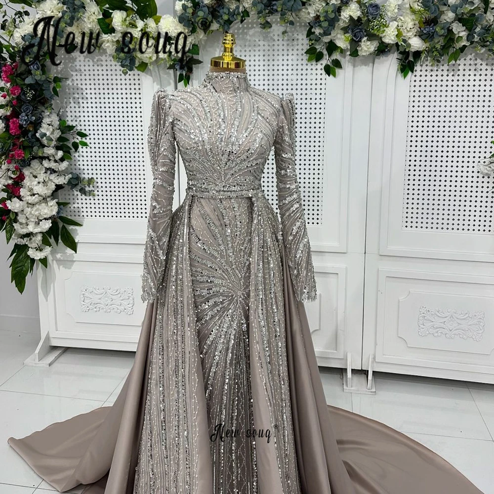 Middle East Muslim Khaki Evening Dress With Overskirt Plus Size Women Wedding Guest Gown Robe de Mariée 2025 A Line Formal Dress