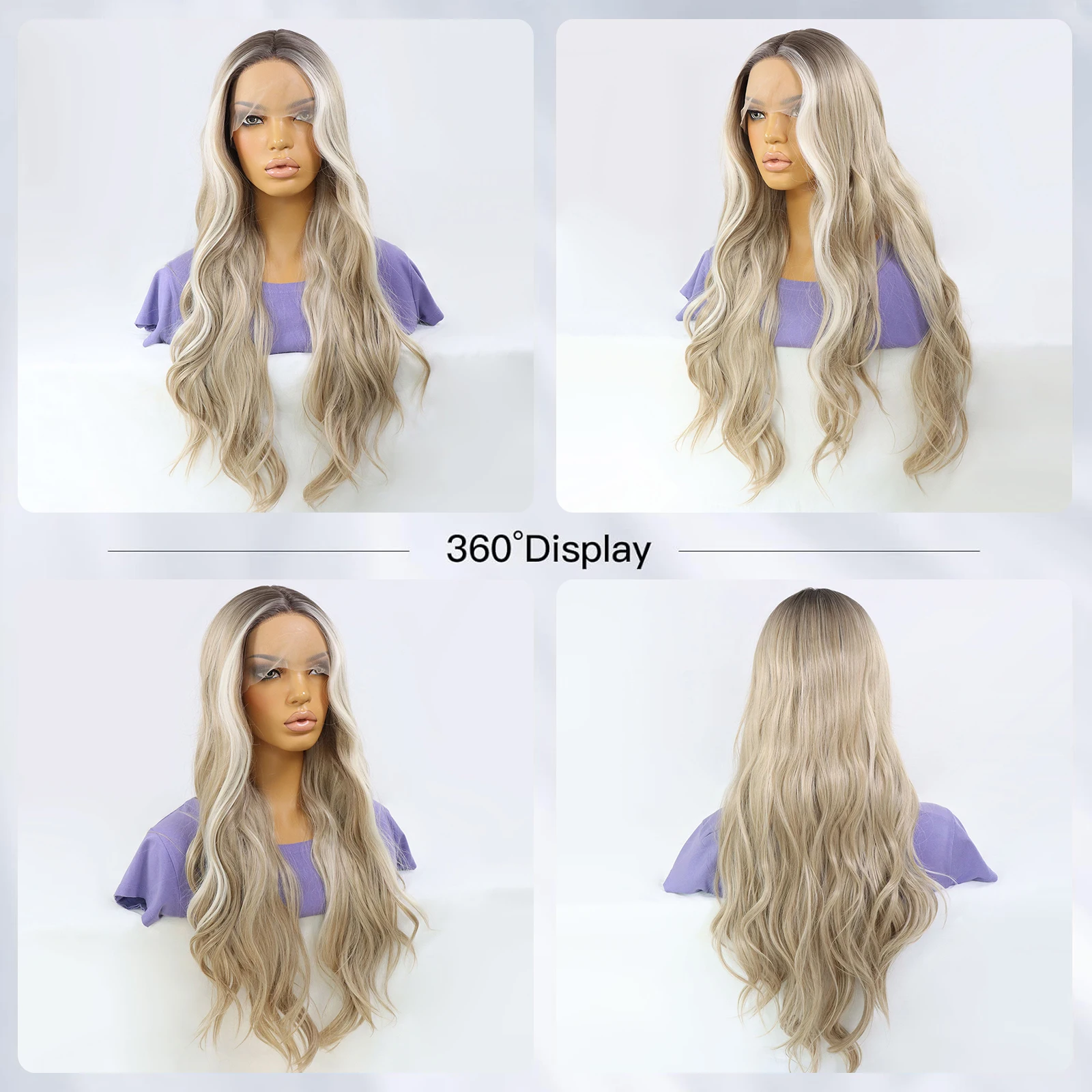 Ombre Ash Blonde Highlight Color Wig 13X3X1 Lace Front Wigs for Women 30 Inch Natural Long Wavy High Density Synthetic Hair Wig