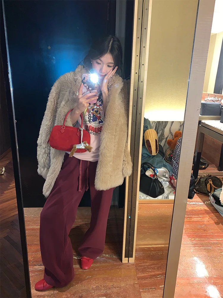 Pantalon décontracté doublé en Fce pour femme, taille élastique, jambes larges, ample, chaud, taille haute, mélange de coton, pour les déplacements