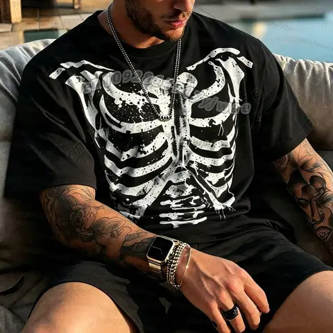 2026 men Halloween Skeleton Ribcage Graphic T‑Shirt Y2k Alt Goth Punk Distressed Skull Bone Print Short Sleeve cosp men t-shirt