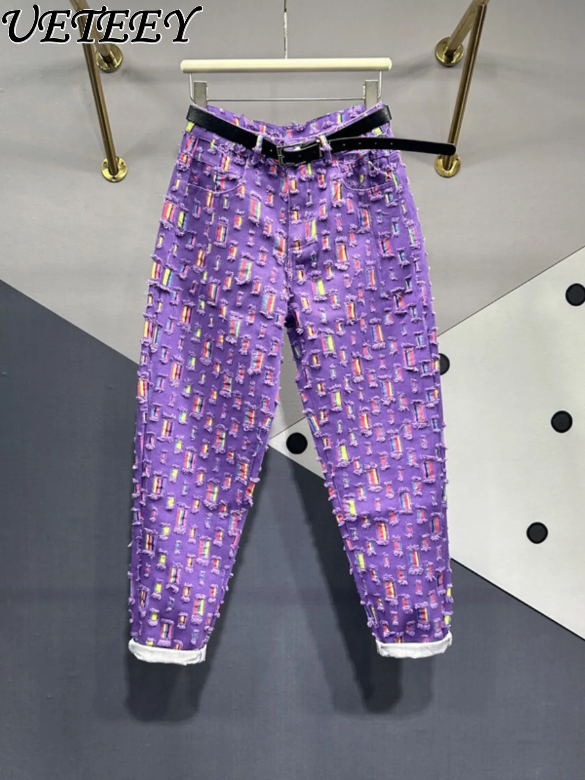 

Purple Hole Patch Jeans for Women European Goods 2024 Spring New Versatile High Waist Slimming Tappered Harem Denim Pants