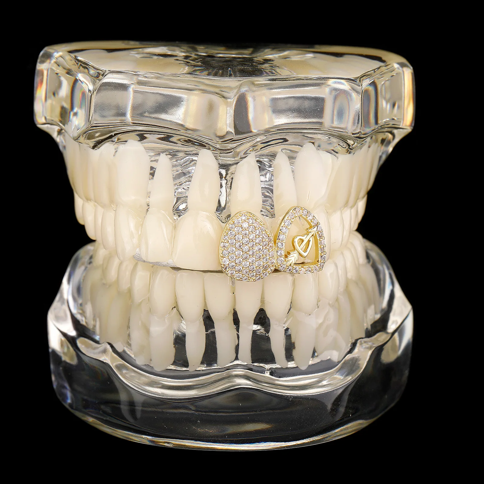 RACHELZ Hip Hop doble amor corazón hueco circón dientes Grillz 14K chapado en oro CZ piedra tapas de dientes para Mujeres Hombres pareja joyería