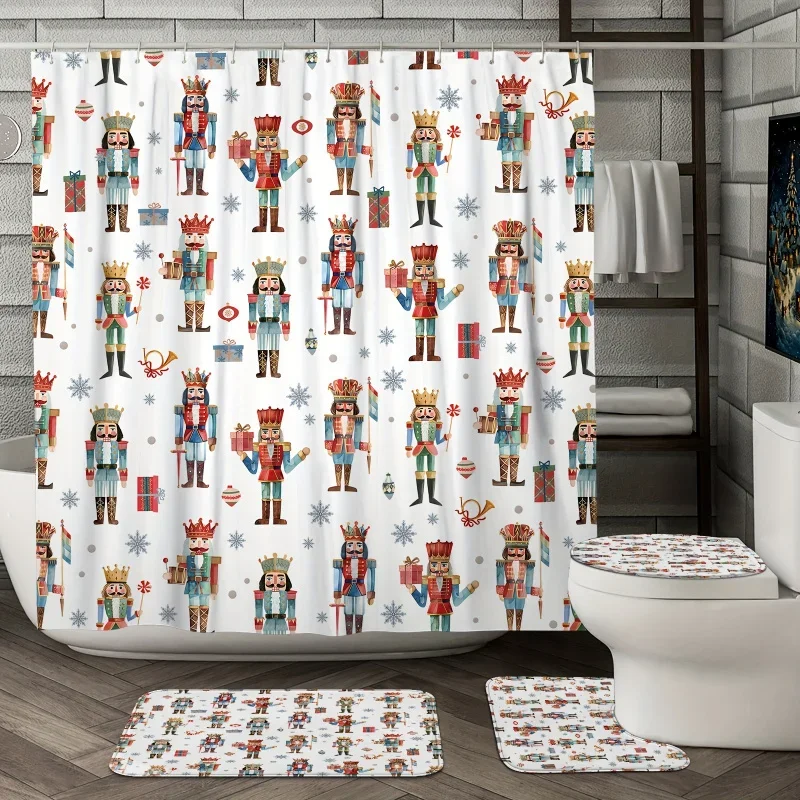 1/4Pcs Christmas Winter Set Nutcracker Snowflake Funny Cute Red Blue Shower Curtain Waterproof Polyester Washable