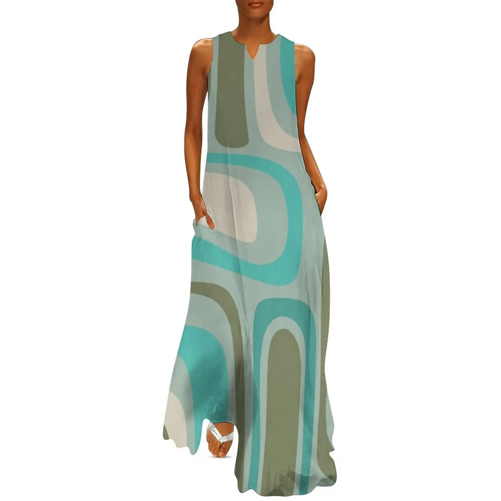 Palm Springs Retro Mid Century Modern Abstract Pattern Vintage Turquoise, Olive, Celadon, and Ecru Long Dress