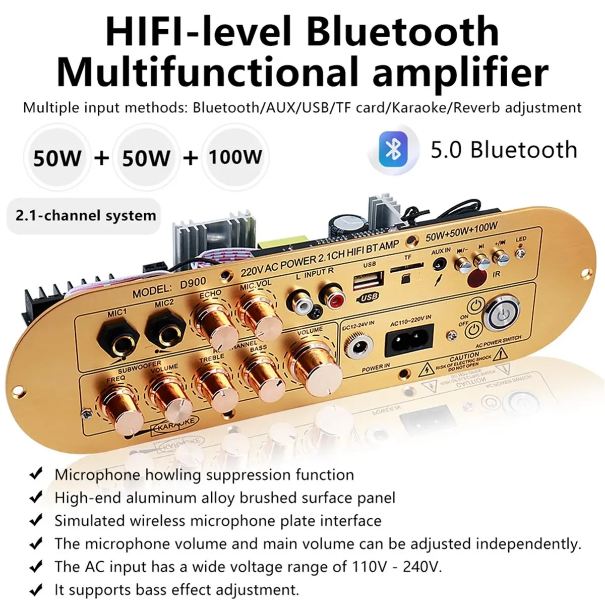 

(A23G) Плата усилителя Bluetooth 5.0 D900 50Вт+50Вт+100Вт, 2.1-канальный Hi-Fi аудиоусилитель для сабвуфера, для автомобиля, дома, караоке, колонок - EU