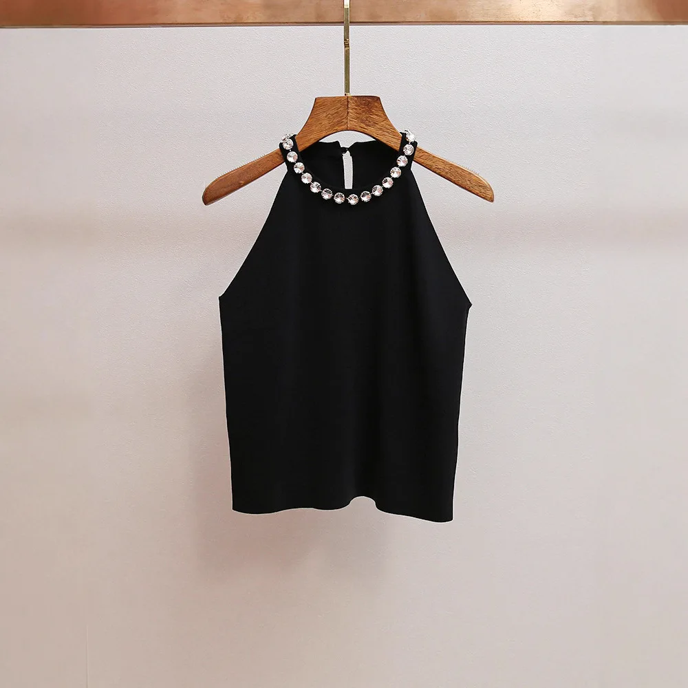 

【Бесплатный подарок】Элегантный женский трикотажный топ без рукавов с вырезом халтер, украшенный стразами, приталенный крой, весна-лето