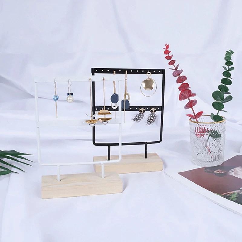 Earrings Hanging Stand Jewellery Holder Organizer Hanger Storage Rack Display Studs Display Rack With Wooden Base