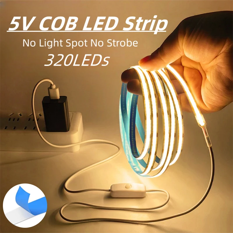 DC5V COB LED Light Strip 320LED/m Flexible LED Tape with ON OFF Switch for Room TV Mirror Backlight Cabinet Adhesive Light ﻿