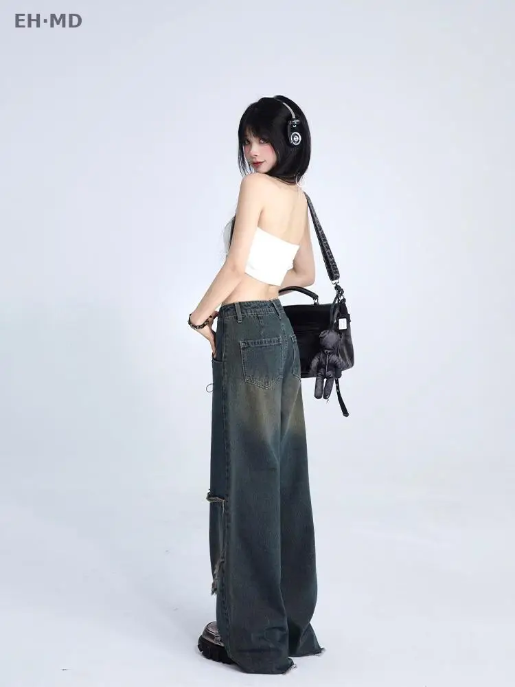 Women Jeans Casual Fashion Patchwork Contrast Color Aesthetic Denim Pants For Ladies High Waisted Wide Leg Raw Edge Embroidered