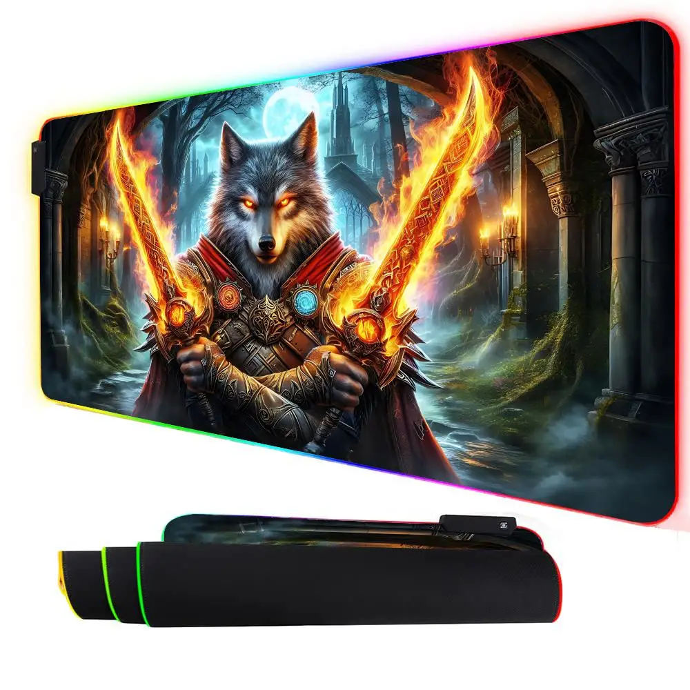 

RGB Mouse pad Fantasy Wolf Warrior gaming mat rubber anti-slip Desk Mat LED glow Gaming keypad mousepad gamer pc accessories