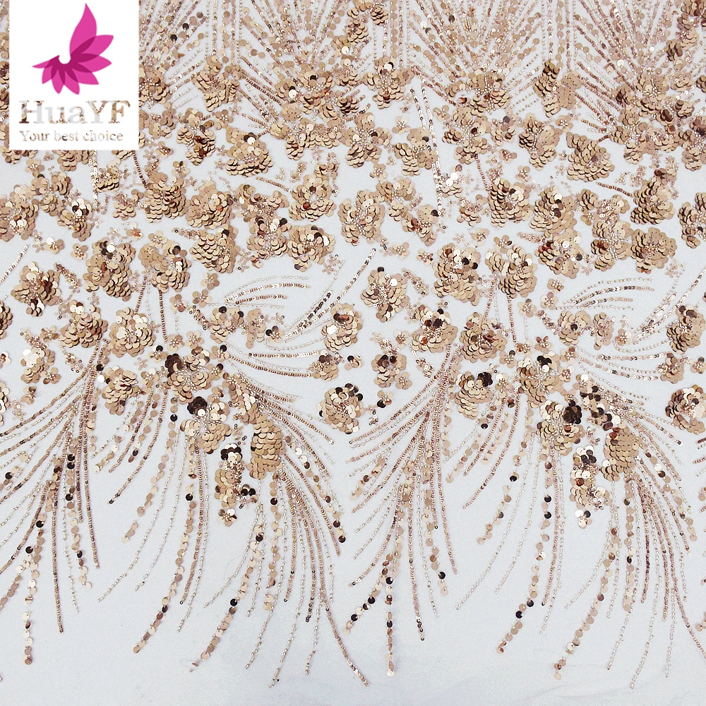 1 Yard High Quality 3d Rose Gold Laces Fabric Sequins Flowers Embroidered Beaded Tulle for Wedding Dress HY1782