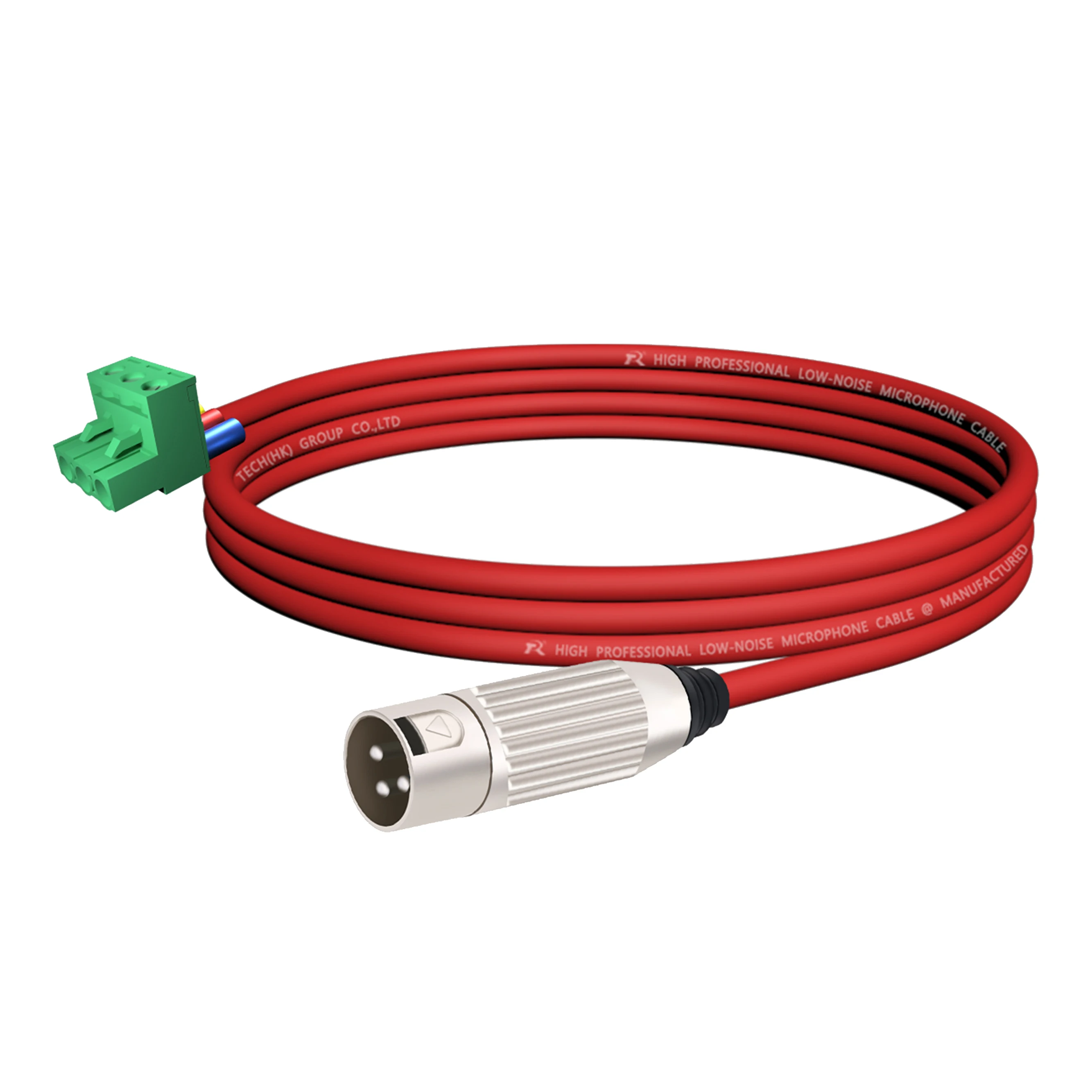 3-poliger Phoenix-Stecker, verbunden mit einem versilberten XLR 3-poligen Stecker, farbcodiertes Kabel, geeignet für professionelle Audiogeräte. – Detail 8