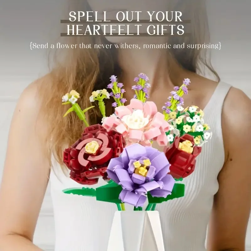 مكعبات بناء زهرة الورد ثلاثية الأبعاد نموذج باقة الطوب هدية ديكور المنزل لعبة عيد ميلاد الأطفال مع صندوق هدية عيد الأم