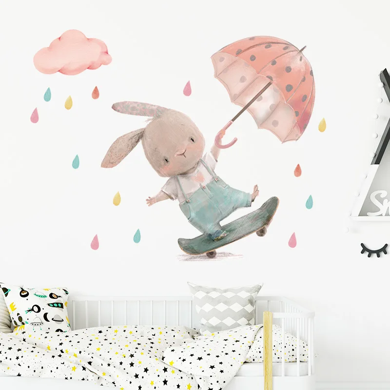 Cartoon Pink Baby Rabbit Wall Stickers Hot Air Balloon decalcomanie Kids Room Nursery Wall vinile decorativo Kawaii Bunny PVC Wallpaper