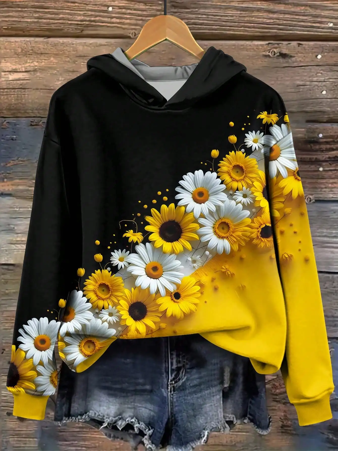 

Женская толстовка с цветочным принтом (подсолнухи и маргаритки), повседневный пуловер для осени и зимы