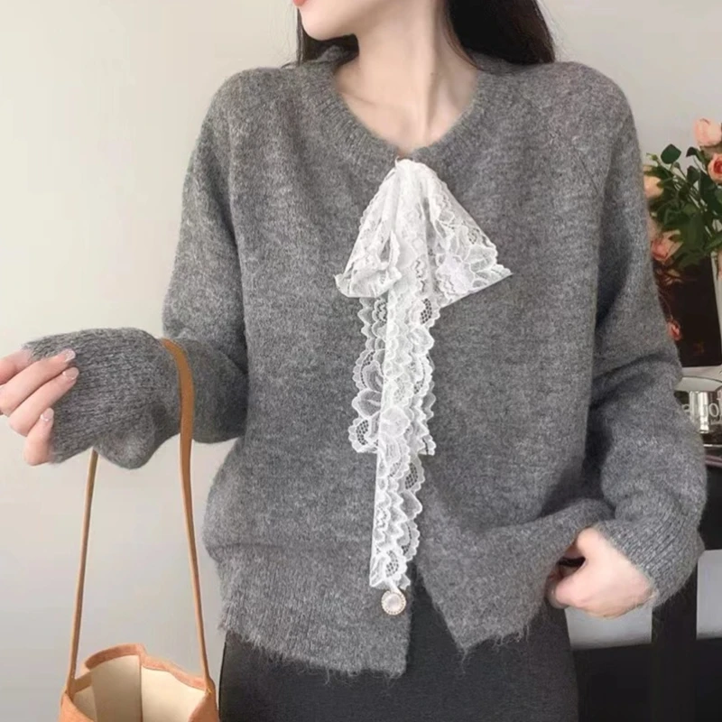 Gentle Wind Lace Lace-up Knitted Cardigan for Women 2025 Autumn and Winter Women's Sweet Solid Color Soft Glutinous Sweater Coat