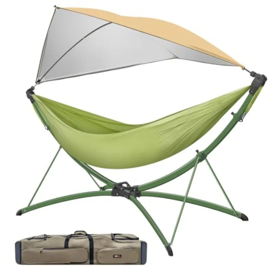 Portable Hammock with Quick Setup Folding Stand Adjustable Sunshade Canopy Storage Bag - Heavy Duty Hammock for Camping Home Ga