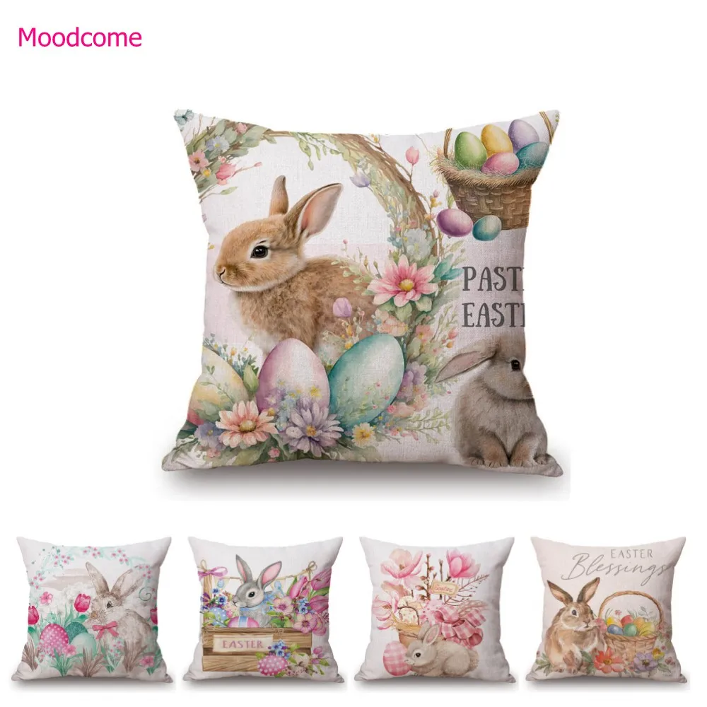 Happy Easter Day Cute Bunny Rabbit Home Decoration Sofa Throw Pillow Case Lovely Cozy Children Room Chair Cushion Cover Case