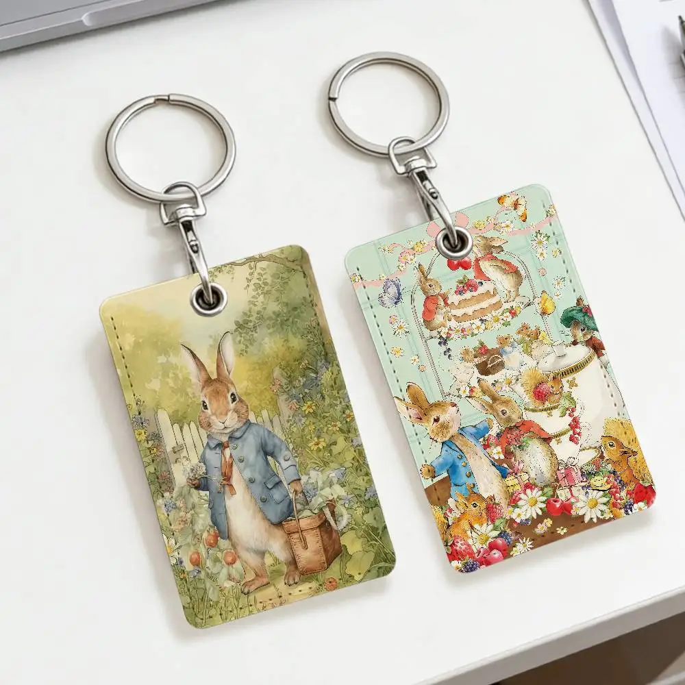 Cute P-peter Book rabbit School rectangular keychain Bus house access card protective cover PU leather ID Best sellers