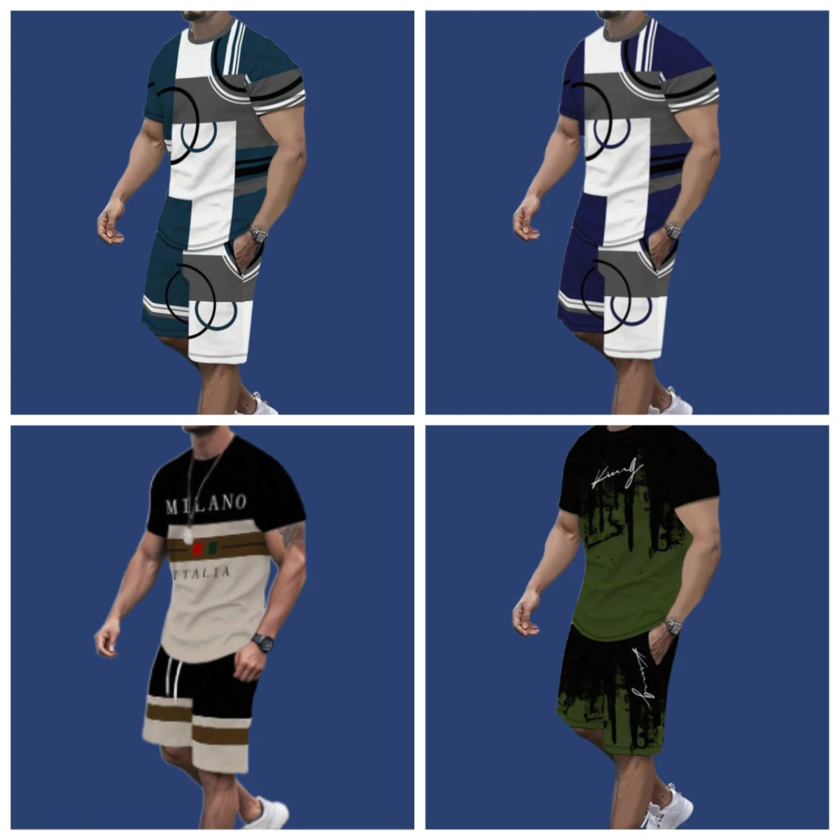 

Fashion Striped Short Sleeve T-shirt Set Summer Men's Casual Sports Suit 3D Informal Geometric Print T Shirt+Shorts 2PCS Outfits