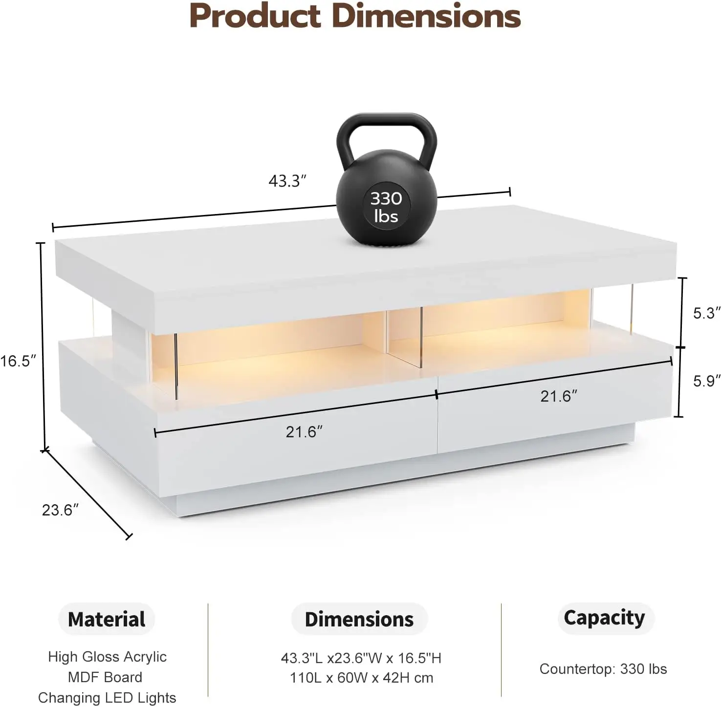 Modern LED Coffee Table White High Glossy Coffee Table with Acrylic Design Open Space and 2 Storage Drawers Rectangle