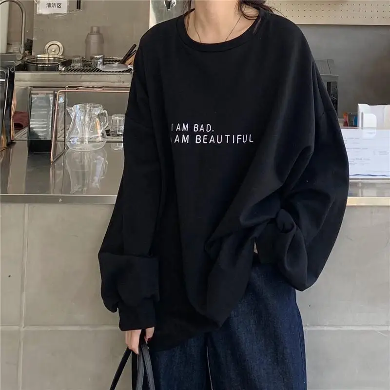 Lazy Style Loose Print Letter Tops Tees Spring Autumn New Long Sleeve Solid Street Casual T Shirts Vintage Fashion Women Clothes