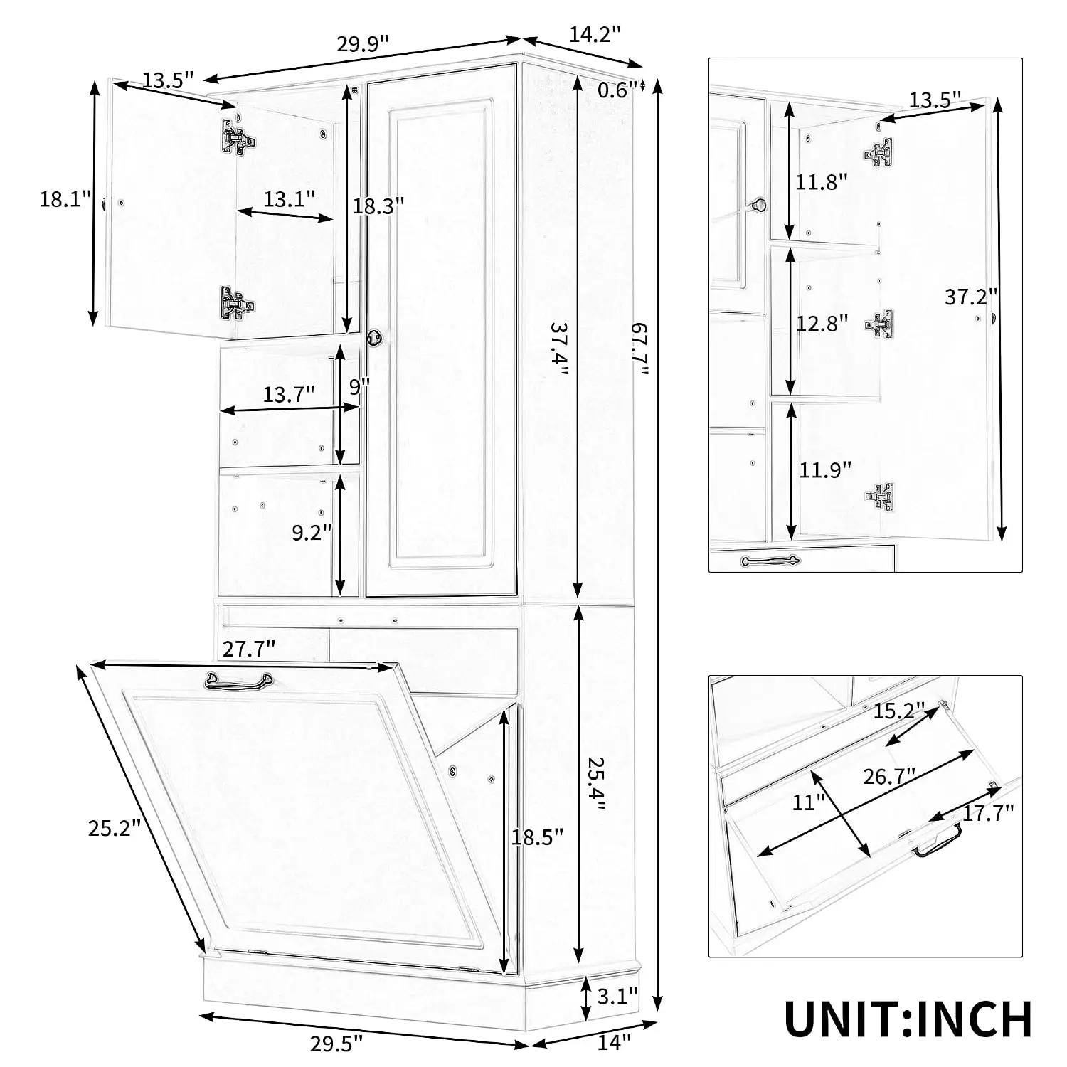 67.7” Tall Tilt-Out Laundry Cabinet Hamper, Large Pull Out Laundry Room Storage Cabinets, Freestanding Bathroom, Customized