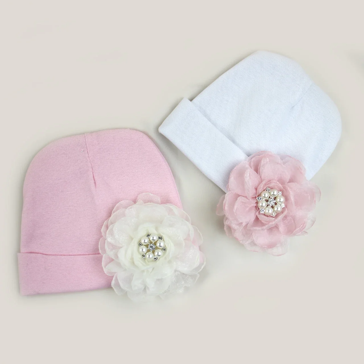 0-6 miesięcy Newborn Cotton Bonnet with Chiffon Flower Diamond Baby Girls Hospital New Born Hat Pink White Beanie Cute Hat for Baby