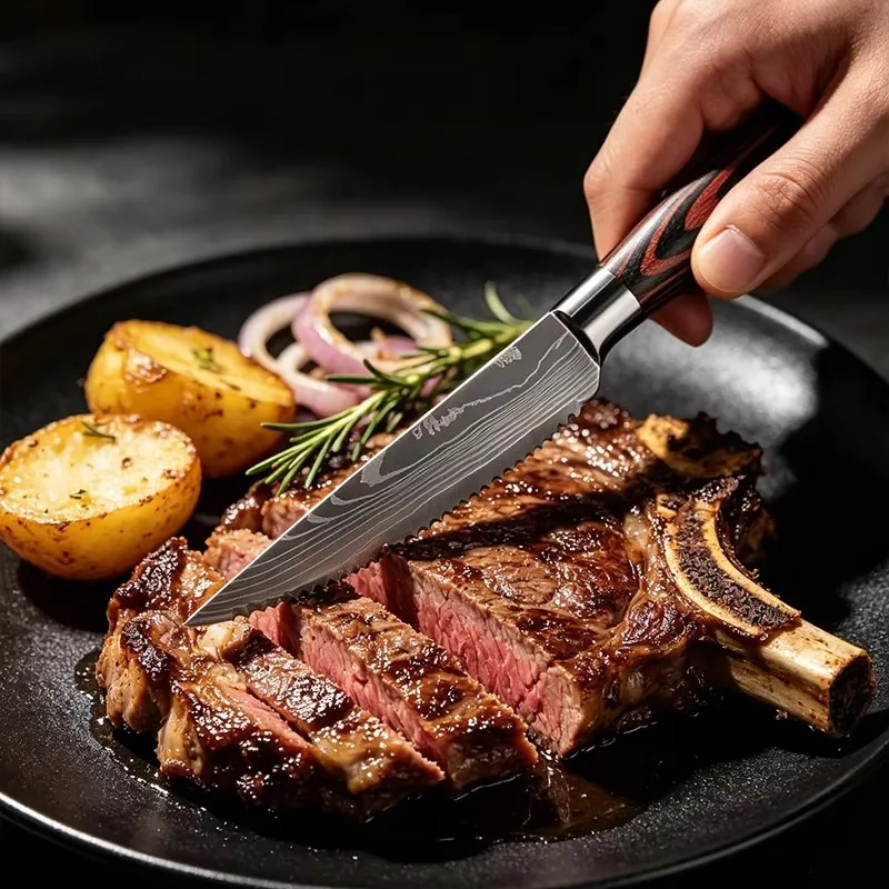 Household Steak Knives 1-6pc/Set Sharp Serrated Blade Wooden Handle Stainless Steel Dinner Cutlery For Kitchen Restaurant view 6