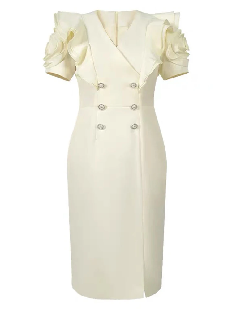 Robe crayon mi-longue à manches bouffantes à volants pour femmes, vêtements de trajet formels, col en V, mode de bureau élégante, nouveau, été