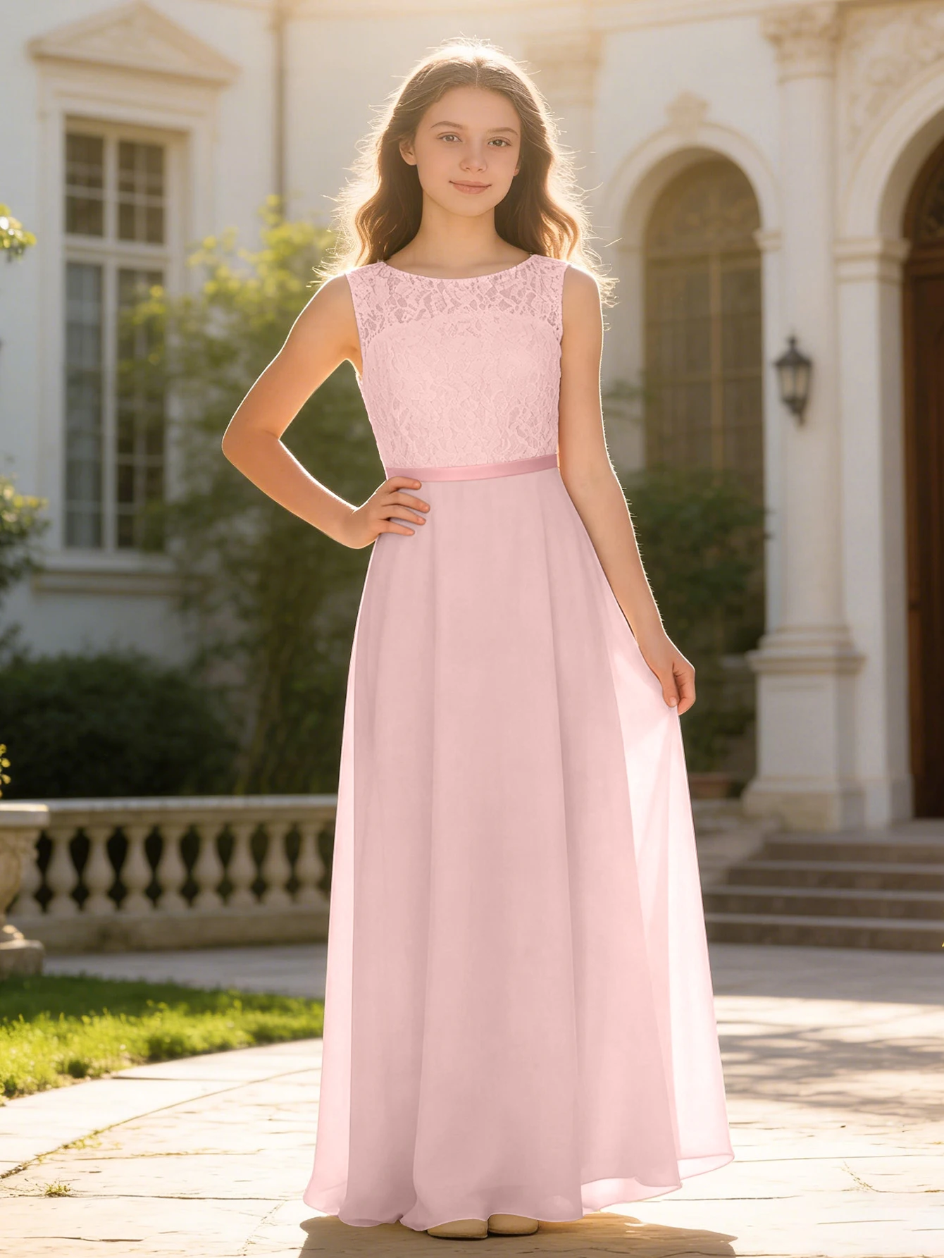 Dusty Pink Junior Bridesmaid Dress Sleeveless Lace Chiffon Floor Length Flower Girl Dress Back Cowl V Neck Kids Wedding Formal Party Evening Gown